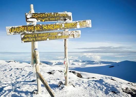 Uhuru Peak summit sign at 5,895 m on the Marangu Route